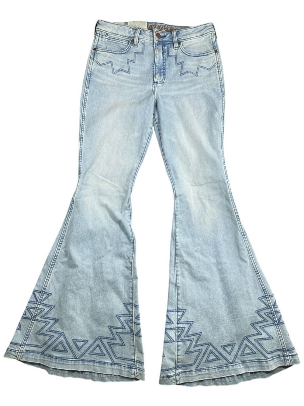 Wrangler Flare Jeans Size 29 x 34 Light Wash Blue Geometric Embroidery Retro